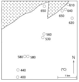 図5 顕微赤外分光法によって推定された変成温度（℃）