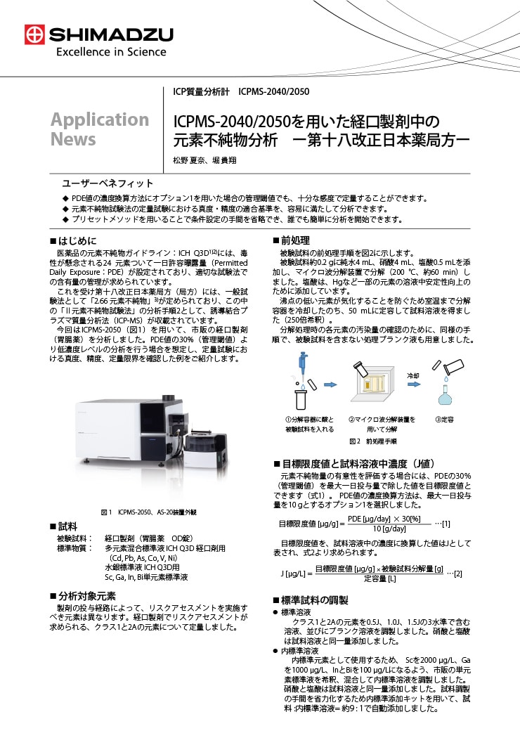 ICPMS-2040/2050を用いた経口製剤中の元素不純物分析ー第十八改正日本薬局方ー
