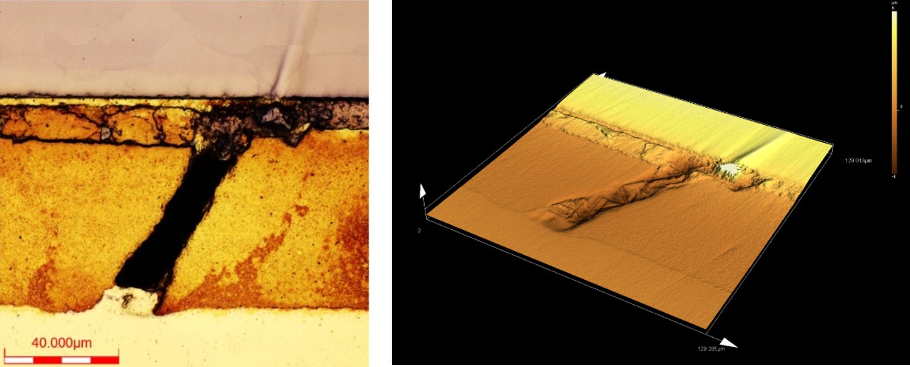 銀焼結部の断面（左：カラー像、右：3D形状像）