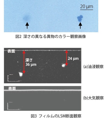 図2 深さの異なる異物のカラー観察画像/図3 フィルムのLSM断面観察