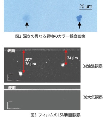 図2　深さの異なる異物のカラー観察画像／図3　フィルムのLSM断面観察