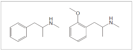 メタンフェタミンとメトキシフェナミン（MOP）の構造式