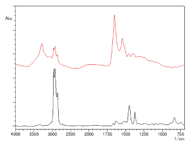図3　差スペクトル　上段：測定位置A−測定位置B（タンパク），下段：測定位置Ｂ−測定位置Ａ（ポリイソプレン）