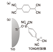 図1.（a）TCNQと（b）TiO2-TCNQ界面錯体の構造