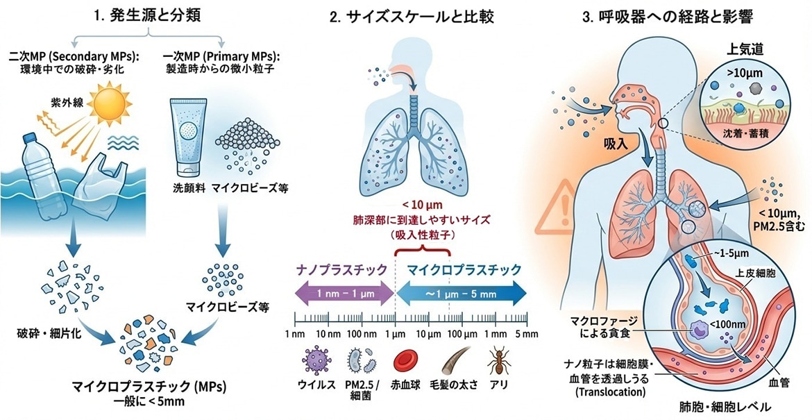 図1 マイクロプラスチックの発生源、サイズ分類と呼吸器への影響