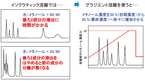 図1 イソクラティック溶離とグラジエント溶離による分離