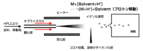 図2 大気圧化学イオン化(APCI):イオン-分子反応 図2 大気圧化学イオン化(APCI):イオン-分子反応