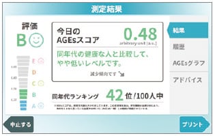 測定結果は段階評価や同世代と相対比較した順位で表示し、印字も可能