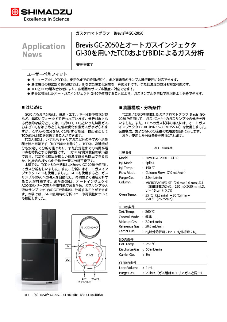 Brevis GC-2050とオートガスインジェクタ GI-30を用いたTCDおよびBIDによるガス分析