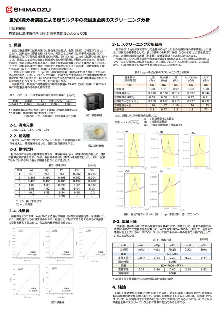 蛍光X線分析装置による粉ミルク中の微量重金属のスクリーニング分析